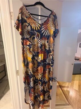 Grecerelle Women’s Midi Dress Large Blue Floral Boho Stretch Short Sleeve NWT